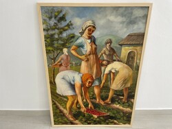 Lajos Schwer social real antique painting strawberry pickers life picture village scene