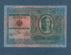 100 Korona 1912 Mind a két oldala Német nyelvű, vastag papírra nyomtatott változat.EF