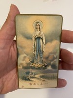 Art Nouveau, Latin, religion, prayer picture, gilded holy picture, Virgin Mary, liliomos, Lourdes, prayer card