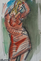 Chovan Lóránt festőművész, (Mitrovica, 1913 – 2007) Lány piros ruhában c. alkotása