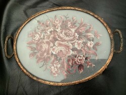 Copper-framed tray with tapestry embroidery