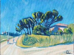 Tuscan landscape with cyclists - oil painting