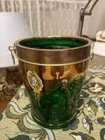 Cseh, arannyal festett zöld üveg pezsgősvödör, kézzel festett, plasztikus virágmintával