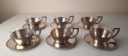 Set of 6 art deco argentor teacups, with glass insert + saucer