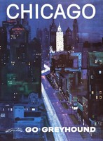 Retro vintage American travel advertising poster chicago usa 1960, modern reprint print, cityscape in the evening