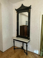 Boulle-style copper inlay huge wall mirror with marble top console table