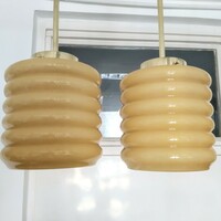 Art Deco - Streamline Copper Ceiling Lamp Pair Renovated - Horizontally Ribbed Cream Lamp