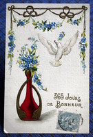 Antik szecessziós dombornyomott Újévi üdvözlő képeslap nefelejcs galamb