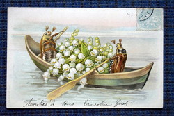 Antik  üdvözlő litho képeslap cserebogarak csónakáznak gyöngyvirág Pünkösd