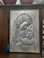 Large silver 925 embossed image of the Madonna with her child, holy image.
