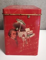 Zenélő süteményes fém doboz zeneórával, jól ismert Mozart menüett zenével, 11,5 cm magas