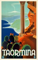 Vintage vacation travel advertising poster taormina italy sicily, modern reprint, mediterranean sea