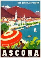 Vintage holiday travel advertising poster lago maggiore ascona switzerland 1934, modern reprint, lakeside