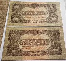 Unc serial number tracking 2 pieces 100 pengő of the command of the Red Army (1944) rarity!