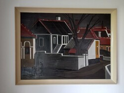 Ircsik József " Öreg házak Veszprémben" nagyméretű festmény, 70x95 cm
