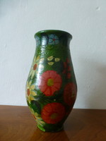 Antik,zöld,népi,mázas kerámia váza magyaros,rózsa mintával