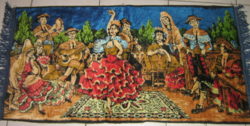 Meseszép antik vintage stílusú jelenetes spanyol rojtos bársony falvédő / szőnyeg