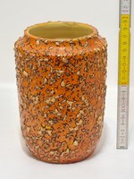 Tófej, fröcskölt fehér mázfoltos, narancssárga mázas, széles szájú henger kerámia váza (2691)