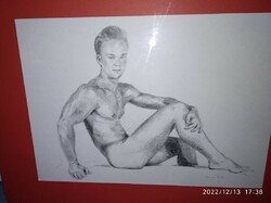 Male nude, sitting nude, young man marked pencil drawing, graphite drawing nude picture
