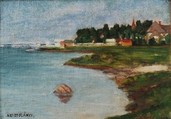 Gyula Kosztolányi-kann (1868-1945): river bank with church tower. Signed oil painting!