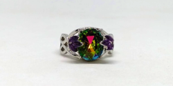 White gold plated ring with large faceted rainbow topaz (215) size : 8/57