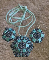 Turquoise and hematite pearl pendant and earring jewelry set on split leather thread