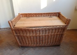 Large old hand-woven cane chest, basket, storage with wooden lid, divided space