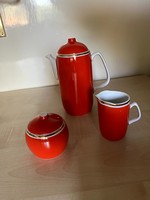 Piros Hollóházi porcelán kávés készlethez kiöntő, tej és cukortartó
