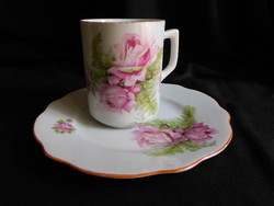 Antique Zsolnay rose pattern breakfast set - mug with small plate