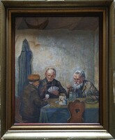 Antique watercolor! Card playing men! Size with frame 41x34cm, without frame 35x28cm
