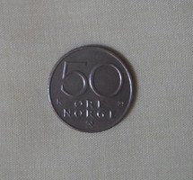Norvég pénz – érme, 50 øre (öre, 1993; V. Harald)