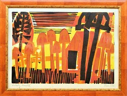 Ernő Kunt (1920 - 1994) Székely cemetery c. Colored linocut with original guarantee!