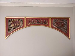 Antique patina carved figural gilded 3-piece arch wall picture Chinese furniture inlay 577 7487