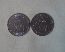 Francia pénz – érme, 1 franc / frank (1974, 1977)