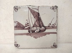 Antik delfti csempe 18. század barna viotorlás hajó motívum Delft 558 7520