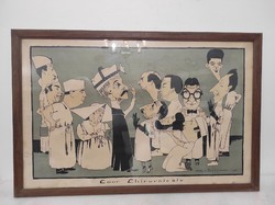 Antik orvosi grafika nyomat karikatúra 1930 kórházi jelenet keretben 494 7594