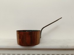 Antique tinned kitchen utensil copper pan with large handle and leg with iron ear 972 7634