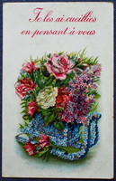 Antique embossed glitter greeting card with a bouquet of flowers on a forget-me-not sled