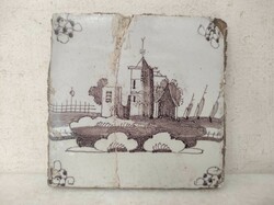 Antik delfti csempe 18. század barna épület motívum Delft törött ragasztott 572 7534