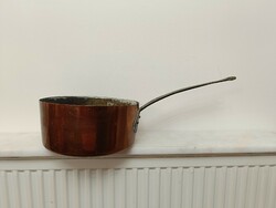 Antique tinned kitchen tool red copper pan with large handle and iron leg with dent 965 7627