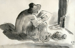 Artist Miklós Borsos (1906-1990) and his dog, watercolor ink 31x43cm 1986. Signed