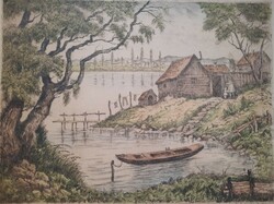 Gyula Konrád: fishing farm - original marked colored etching