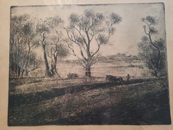 Csergezán pál: autumn plowing on the riverbank - original marked etching