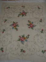 Hand-embroidered rosy floral tablecloth, bedspread
