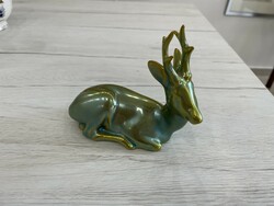 Zsolnay eozin őz szarvas állat porcelán figura Sinkó András terve