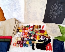 Huge package: retro embroidery threads, pre-printed tablecloths, needlework, canvases, how to embroider book