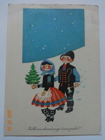 Old graphic Christmas greeting card, drawing by Károly Kecskeméty