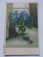 Old graphic floral greeting card, postage stamp - Sándor Benkő drawing - Nemelejcs