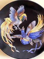 Fighting roosters, Karlsruhe majolica factory, rooster duel painted plastic wall plate