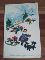 Régi rajzos karácsonyi képeslap, rajz:Tomaska Irén, 1960-as évek körüli